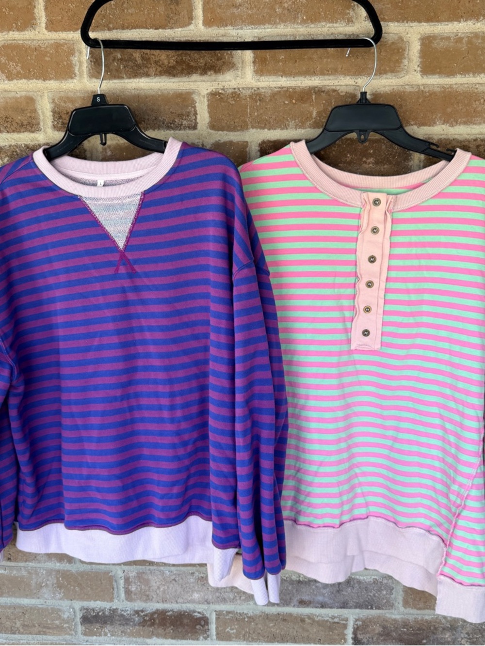 Striped Cozy Crew & Henley Sweatshirt Tops - Pink & Purple